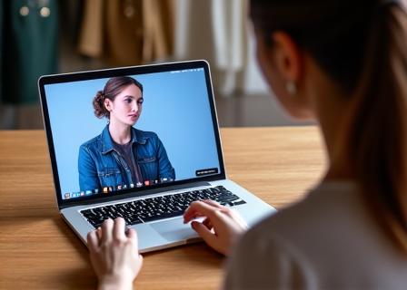 노트북 화면 속 스타일리스트와 화상 통화를 하며 스타일링 상담을 받는 여성.