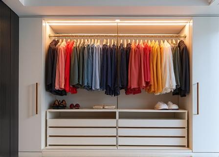 색상과 스타일에 따라 완벽하게 정리된 현대적인 옷장.