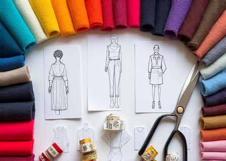 다양한 색상의 원단 샘플과 디자인 스케치가 있는 무드보드.